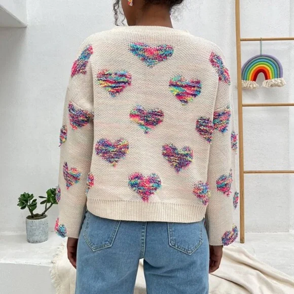 06 Cozy Hearts Print Oversized Knit Sweater Top - Picture 8 of 14